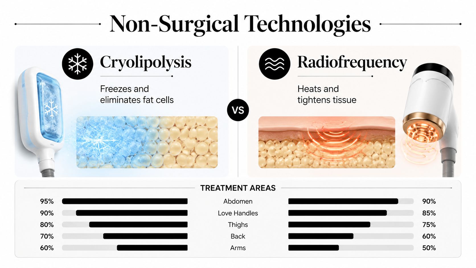 A comparison chart of non-surgical cosmetic technologies showing cryolipolysis for fat reduction and radiofrequency for skin tightening.