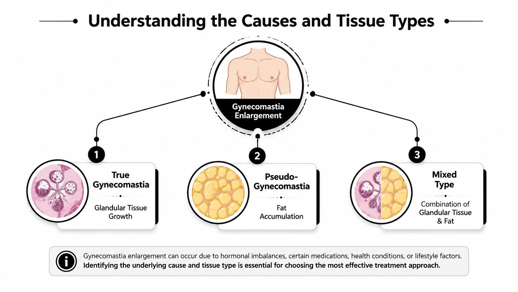 A medical infographic explaining the three types of gynecomastia: true, pseudo, and mixed tissue enlargement.