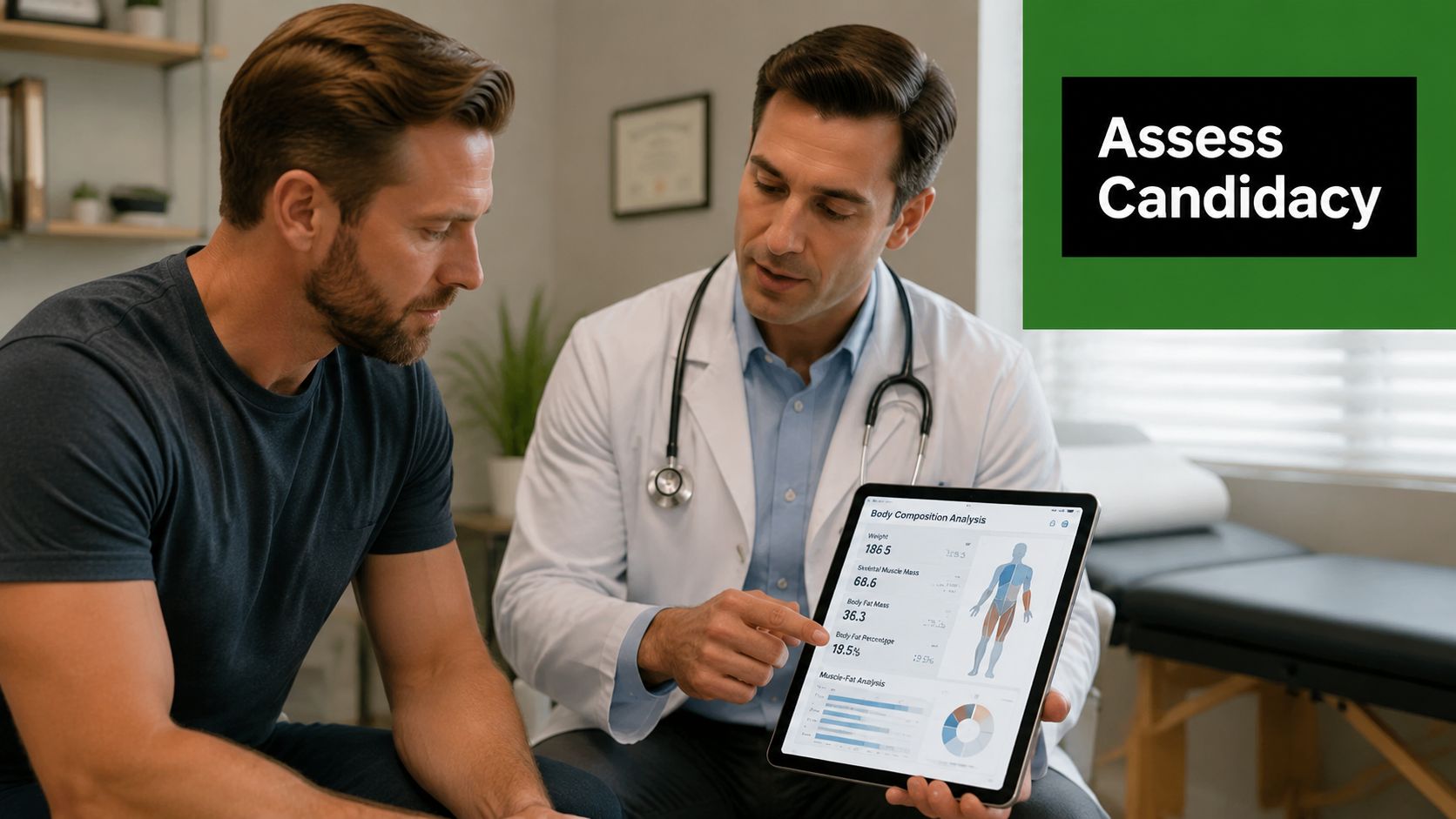 A doctor explaining body composition analysis results on a tablet to a male patient during consultation.