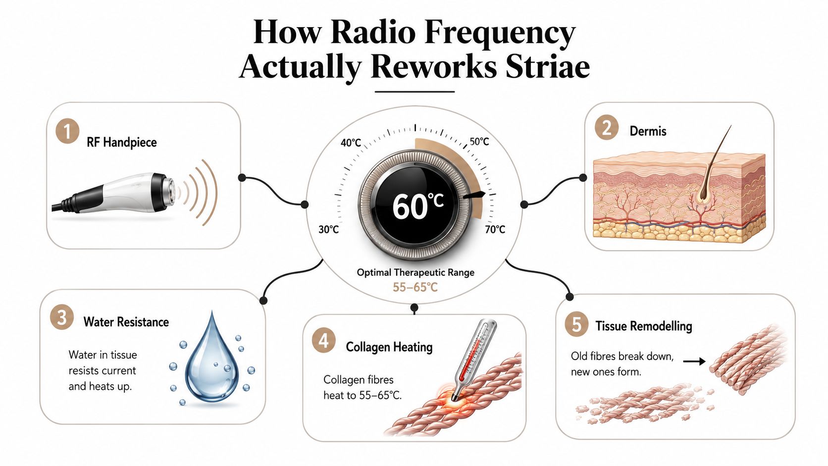 A diagram illustrating how radio frequency technology treats skin stretch marks by heating collagen to remodel tissue.