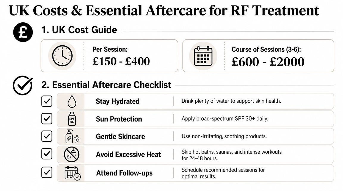 An infographic detailing the average UK costs and essential aftercare tips for radio frequency skin tightening treatments.