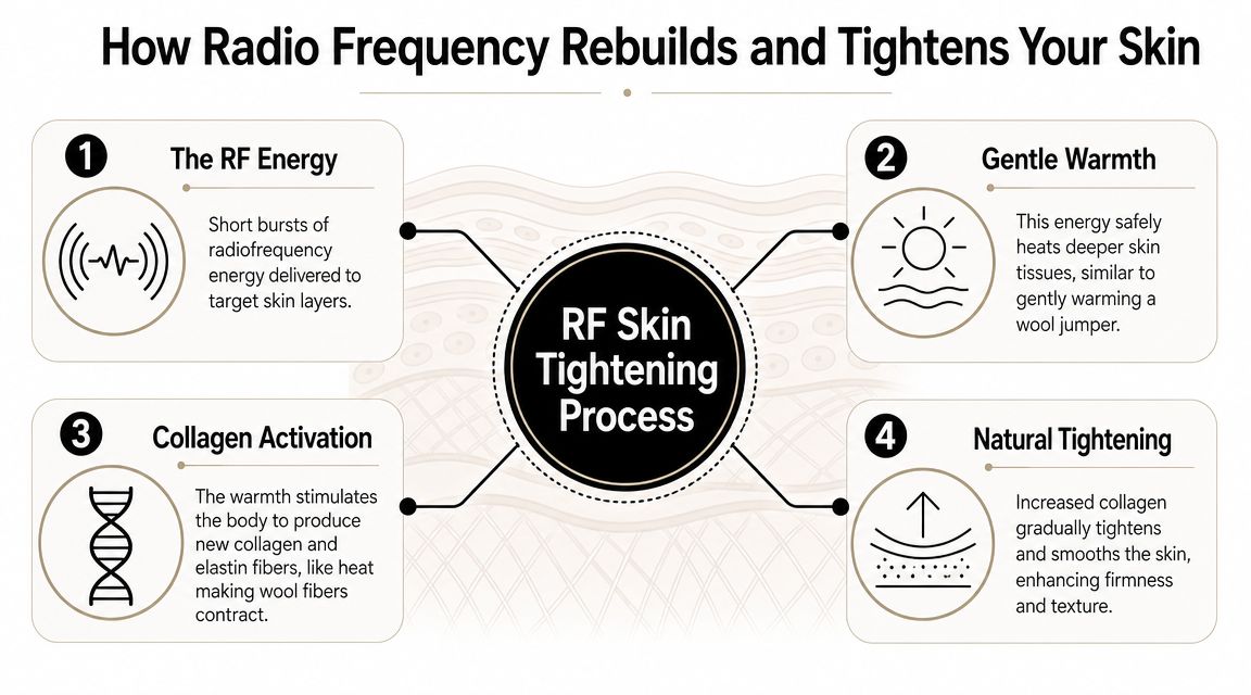 A diagram explaining the four-step radio frequency skin tightening process, from energy delivery to natural skin rejuvenation.