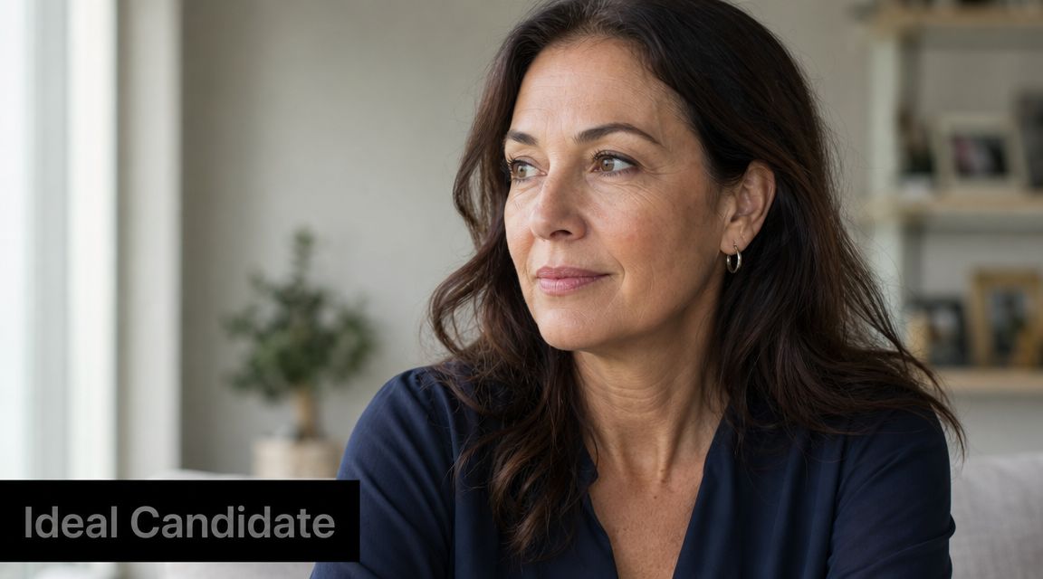 A professional middle-aged woman with natural skin texture looking thoughtfully away from the camera in a home.