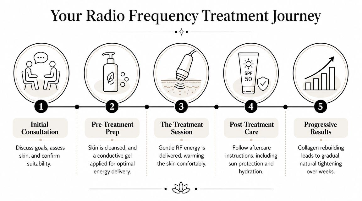 A five-step infographic showing the stages of a radio frequency skin tightening treatment journey.