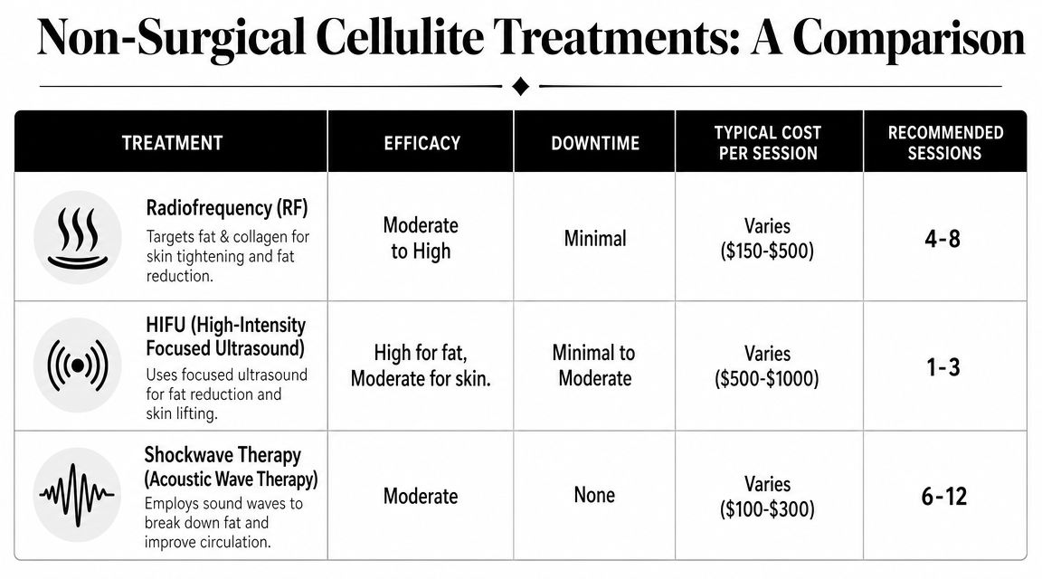 A comparison chart outlining efficacy, downtime, cost, and recommended sessions for non-surgical cellulite treatment options.