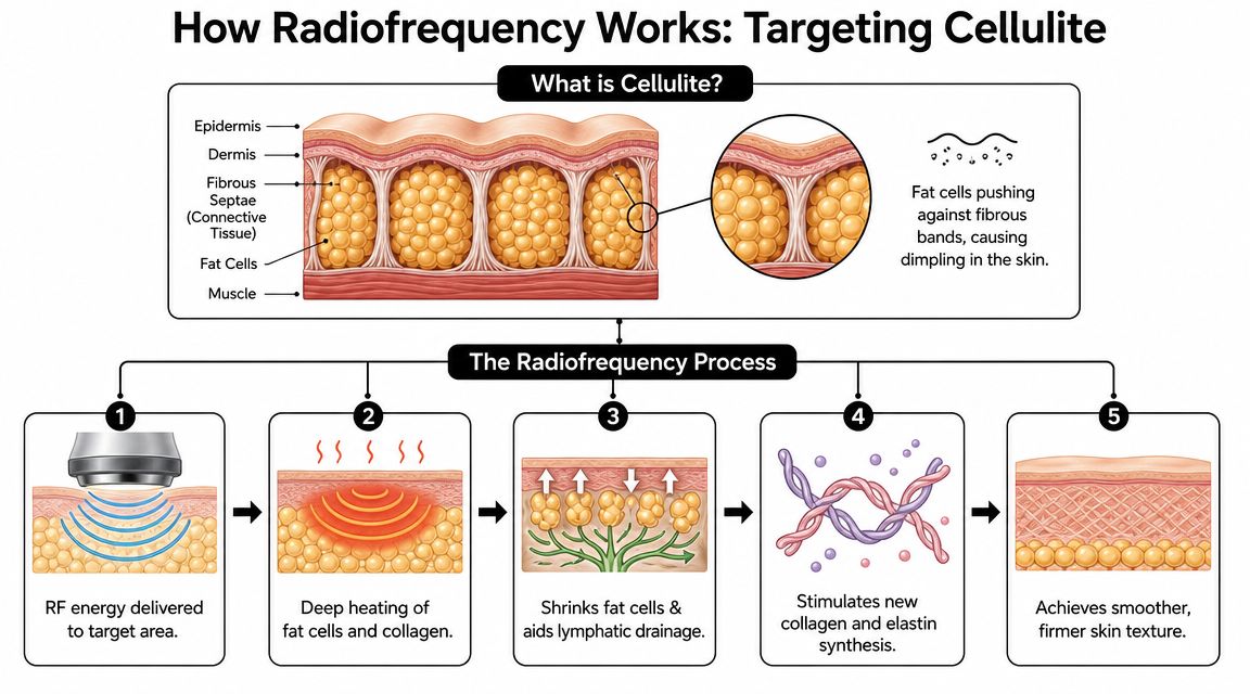 A diagram explaining how radiofrequency energy treatments target and reduce the appearance of cellulite in skin.