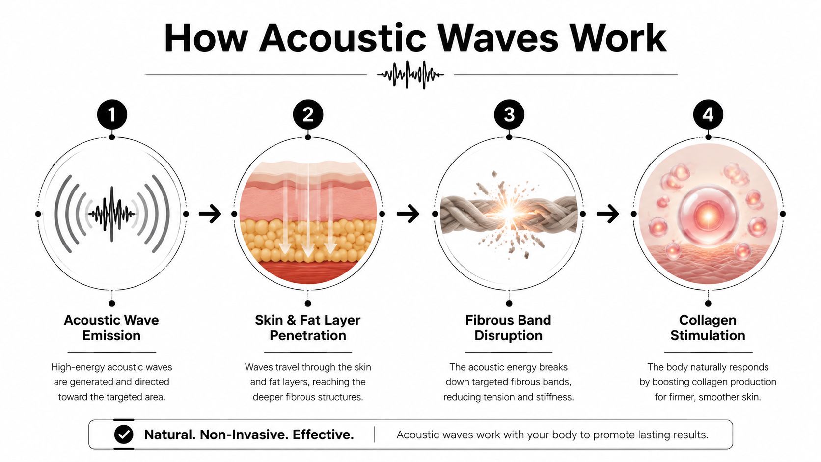 A four-step infographic illustrating how acoustic wave therapy penetrates skin to break down fibrous bands and boost collagen.