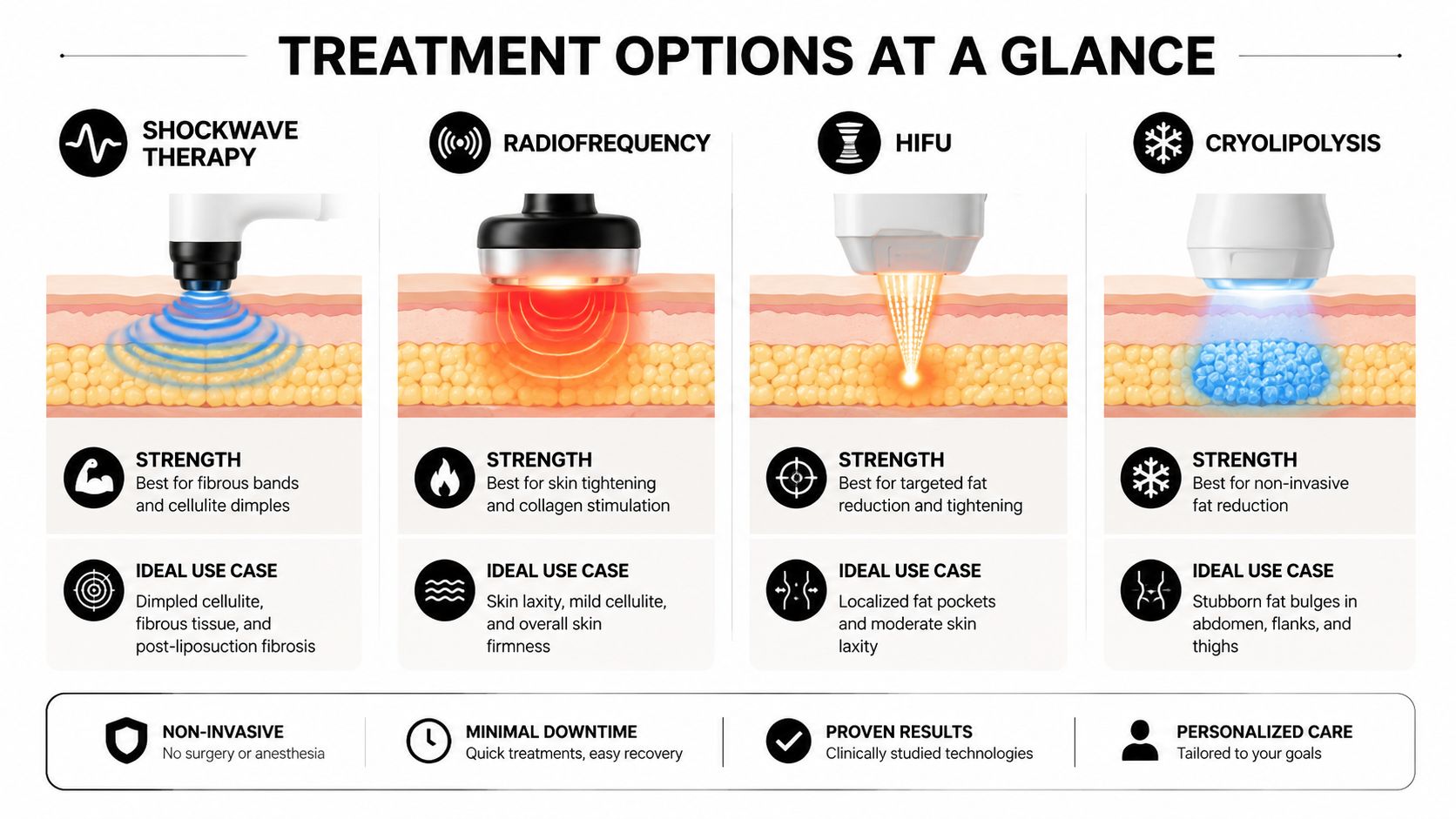 A comparison chart showing treatment options for cellulite including shockwave therapy, radiofrequency, HIFU, and cryolipolysis methods.