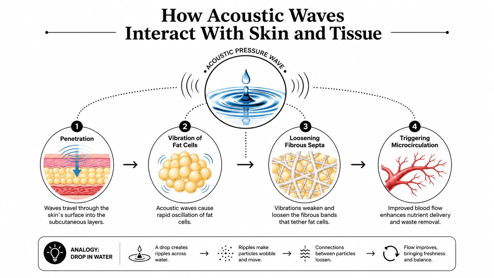A diagram explaining how acoustic pressure waves interact with skin and tissue layers to improve microcirculation.
