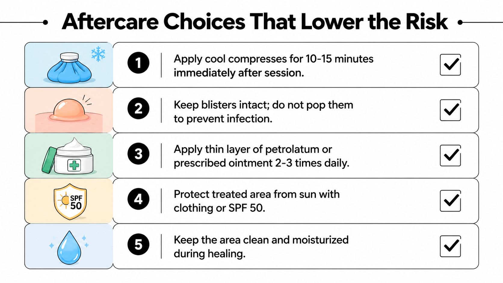 An infographic titled Aftercare Choices That Lower the Risk providing five steps for skin healing after treatment.