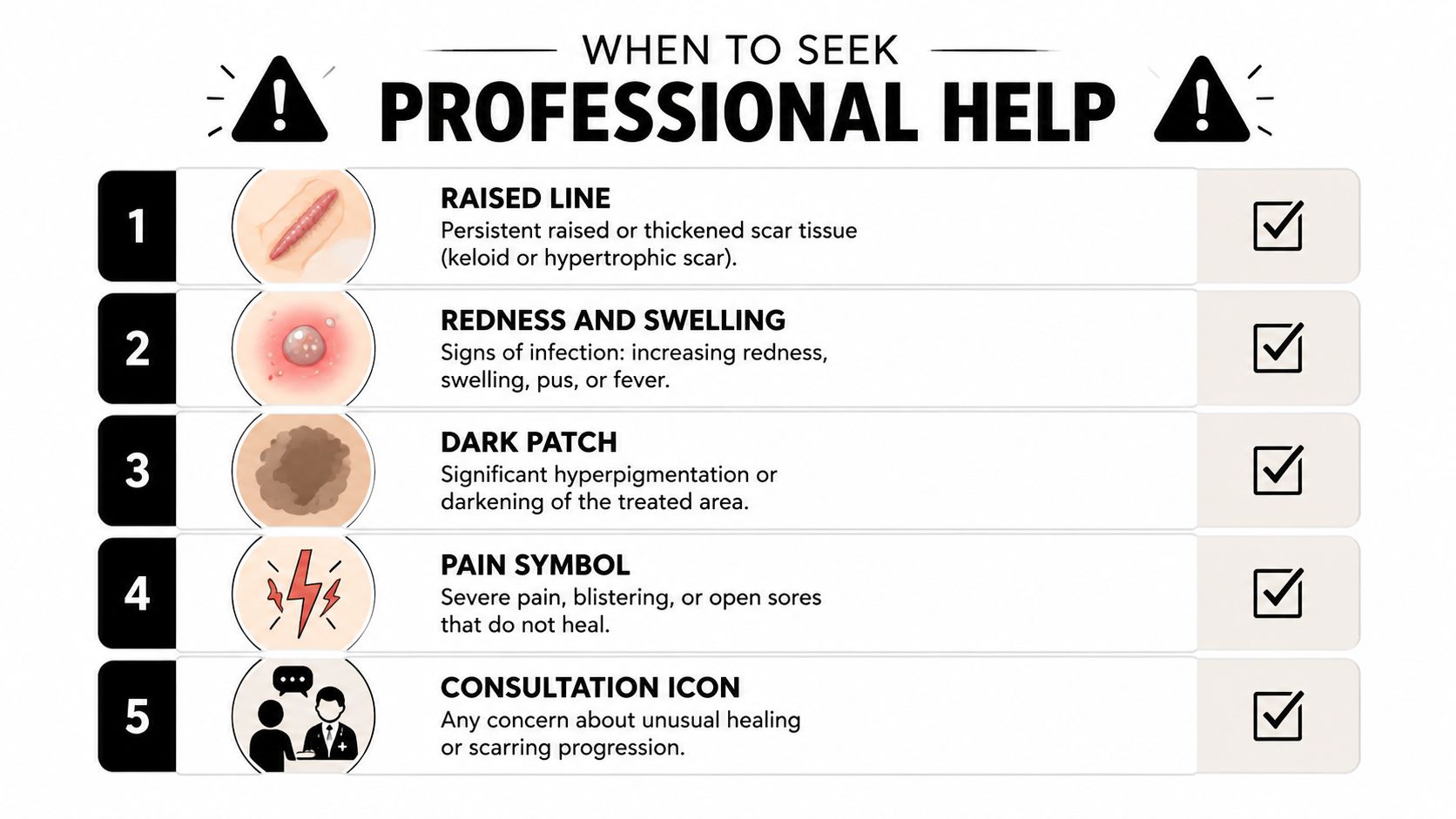 An infographic detailing five warning signs after tattoo removal that indicate when to seek professional medical help.
