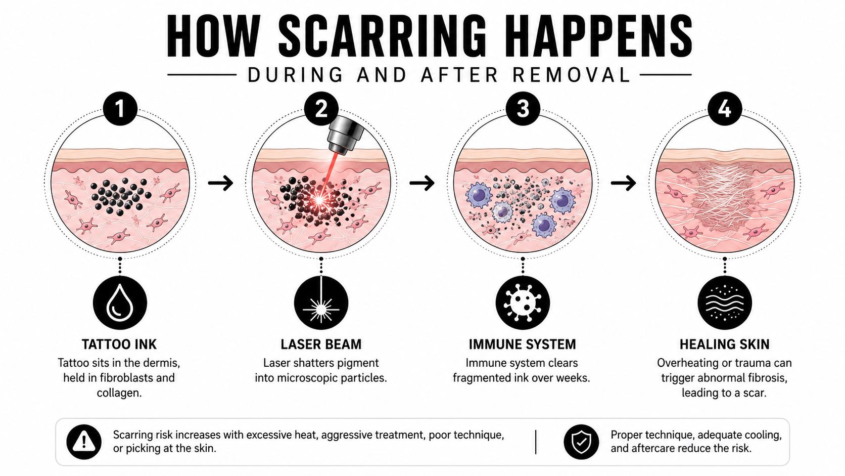 A four-step infographic showing how tattoo removal laser treatments can lead to scarring through skin trauma.