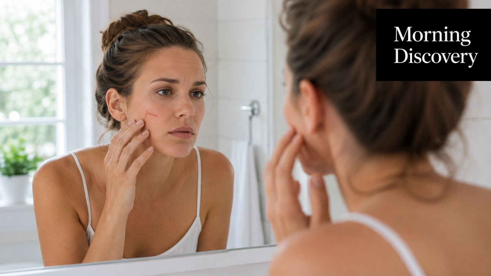 A woman looks in the bathroom mirror examining a small scratch on her face closely.