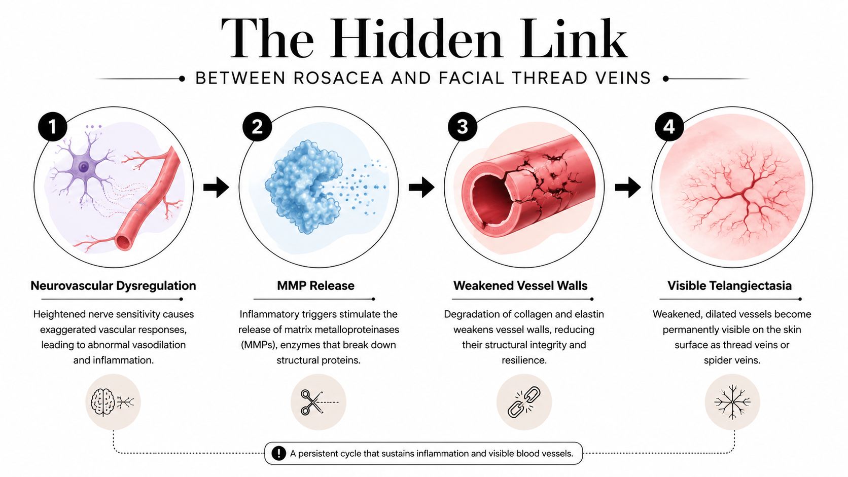 An educational infographic illustrating the four-step biological progression from neurovascular dysregulation to visible facial spider veins.