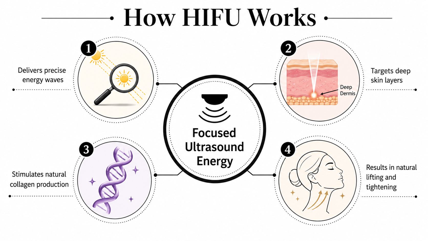 An infographic illustration showing the four steps of how HIFU ultrasound face lift treatment works.
