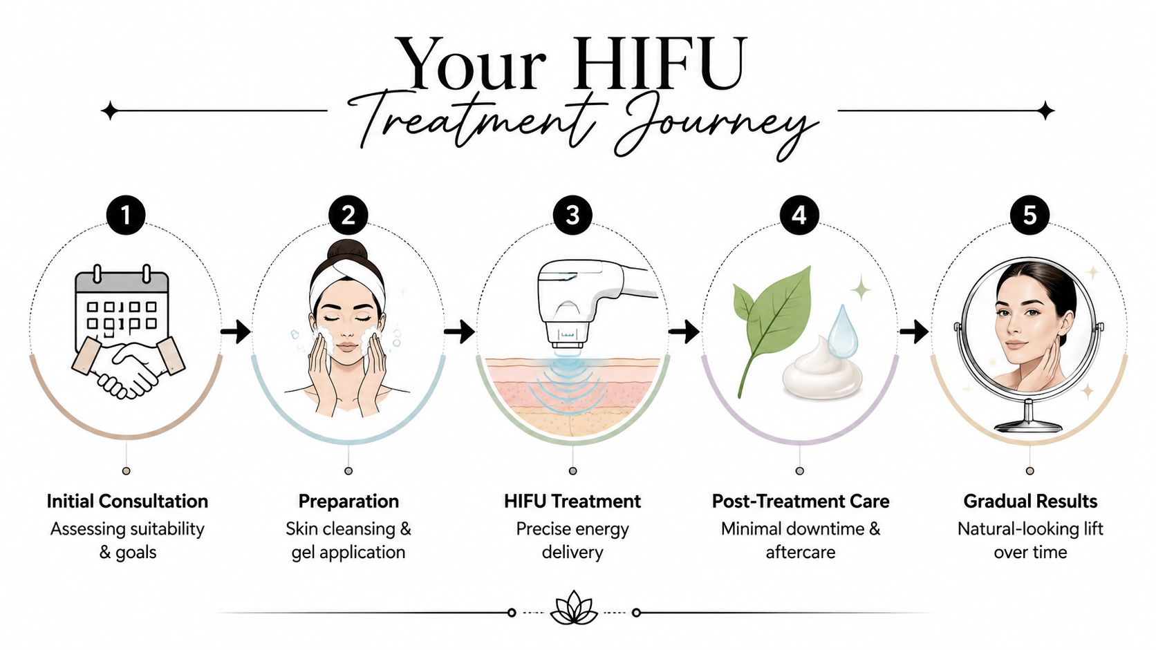 A five-step infographic showing the HIFU ultrasound face lift treatment journey from initial consultation to final results.