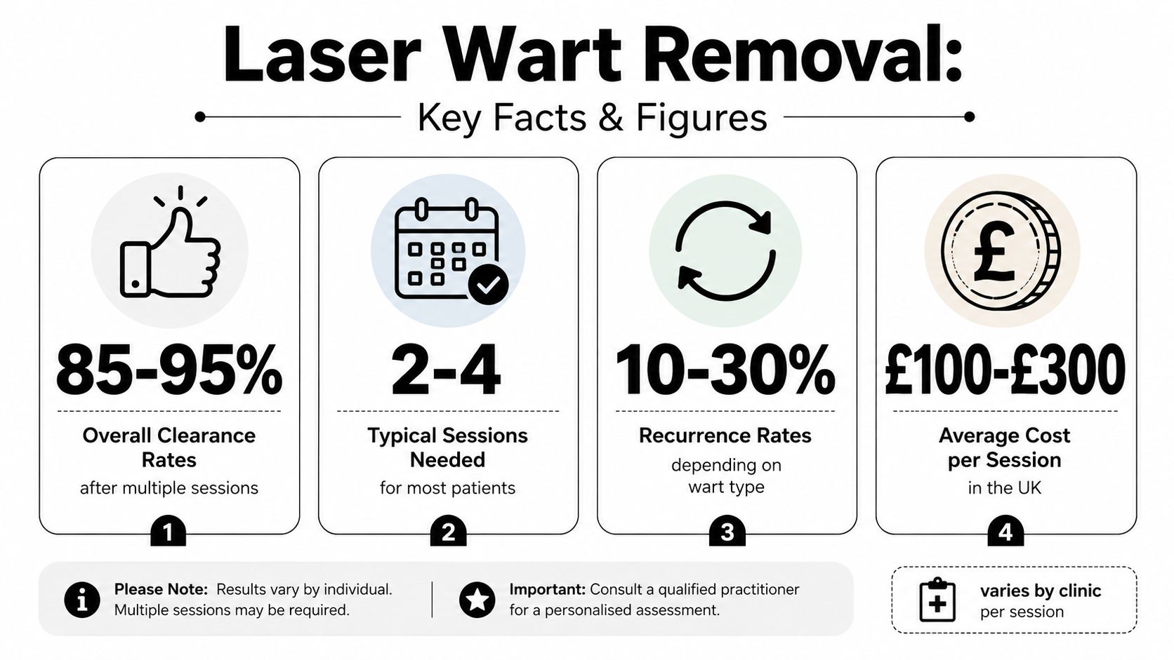 An infographic showing key facts and figures about laser wart removal, including clearance, sessions, recurrence, and costs.