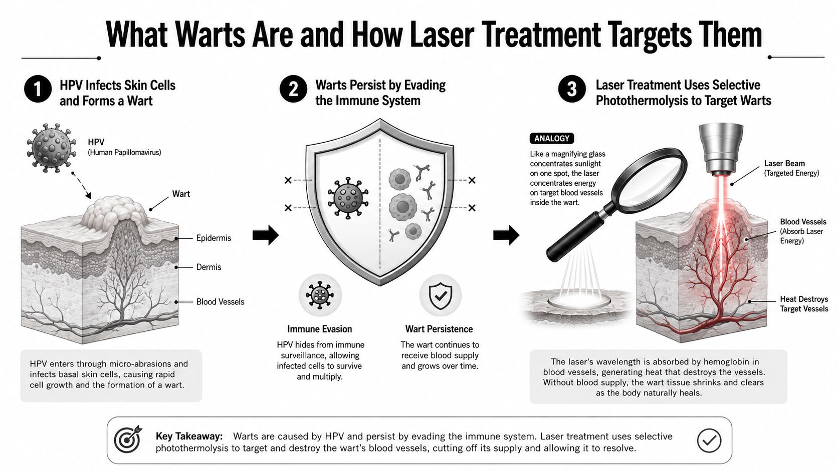 An infographic explaining how HPV causes warts and how laser treatment uses selective photothermolysis to remove them.