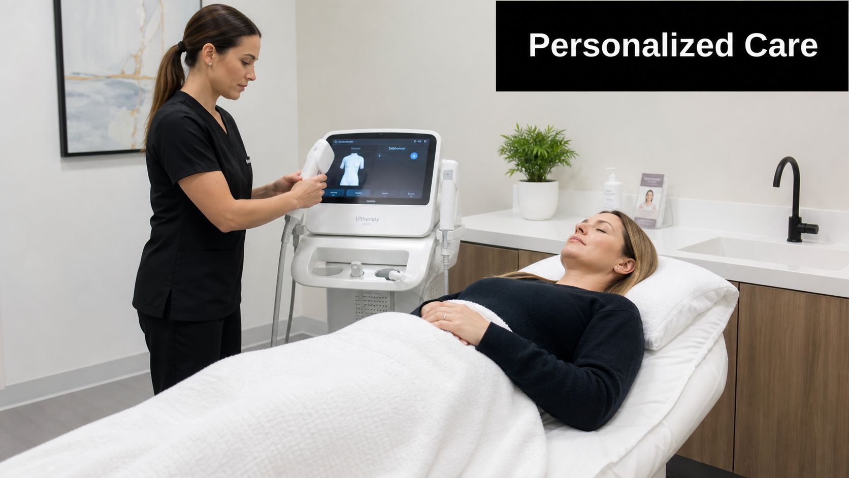 A professional clinician preparing an Ultherapy machine to perform a cosmetic skin treatment on a patient.