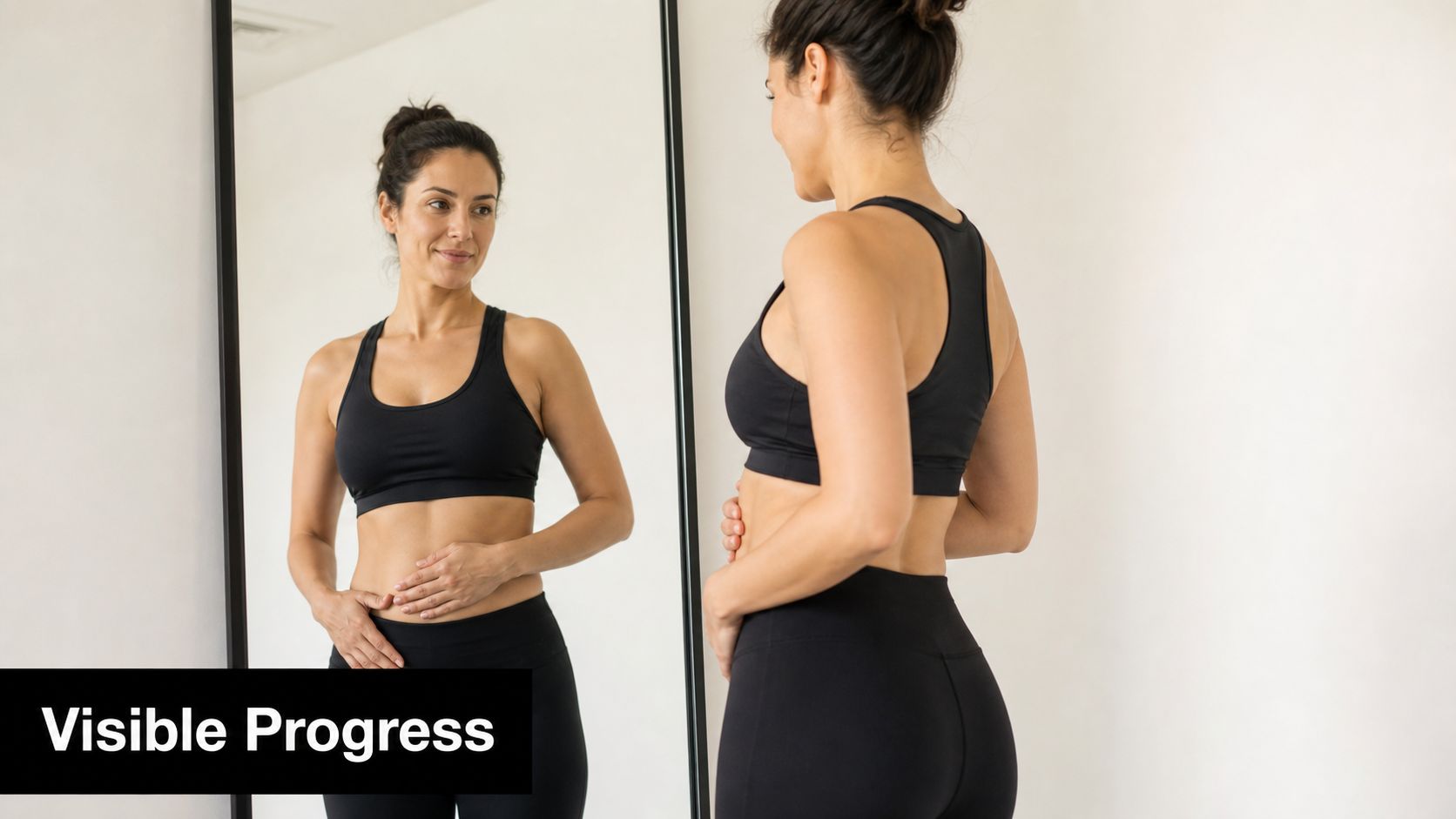 A woman in a black sports bra and leggings looks at her reflection in a full length mirror.