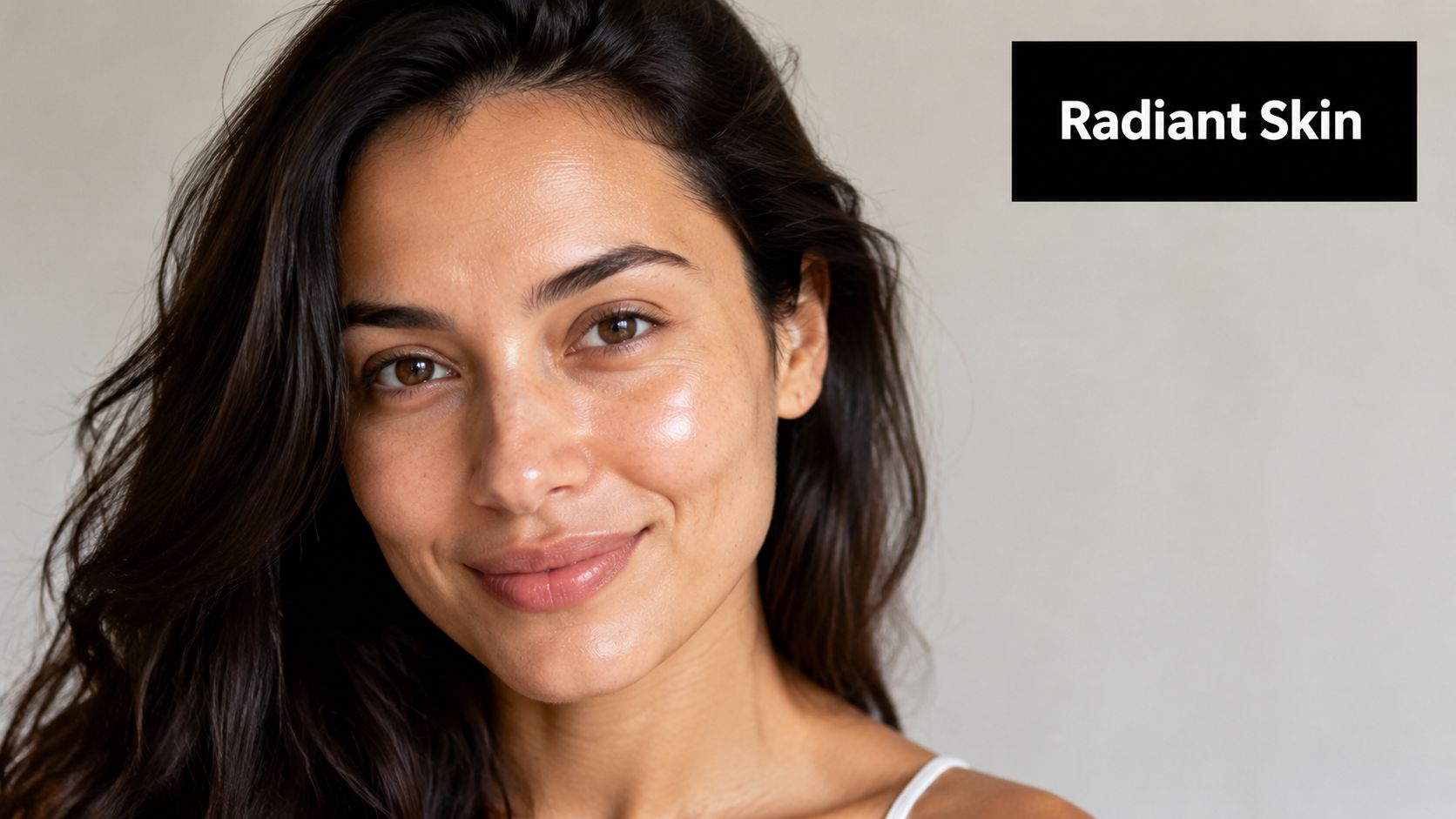 A smiling young woman with a clear, radiant, and glowing complexion looking directly at the camera.