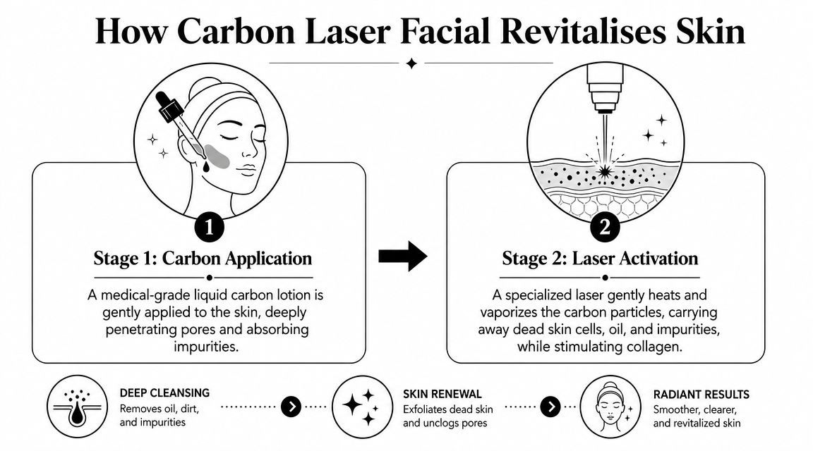 An infographic showing the two-stage process of a carbon laser facial treatment for skin rejuvenation.