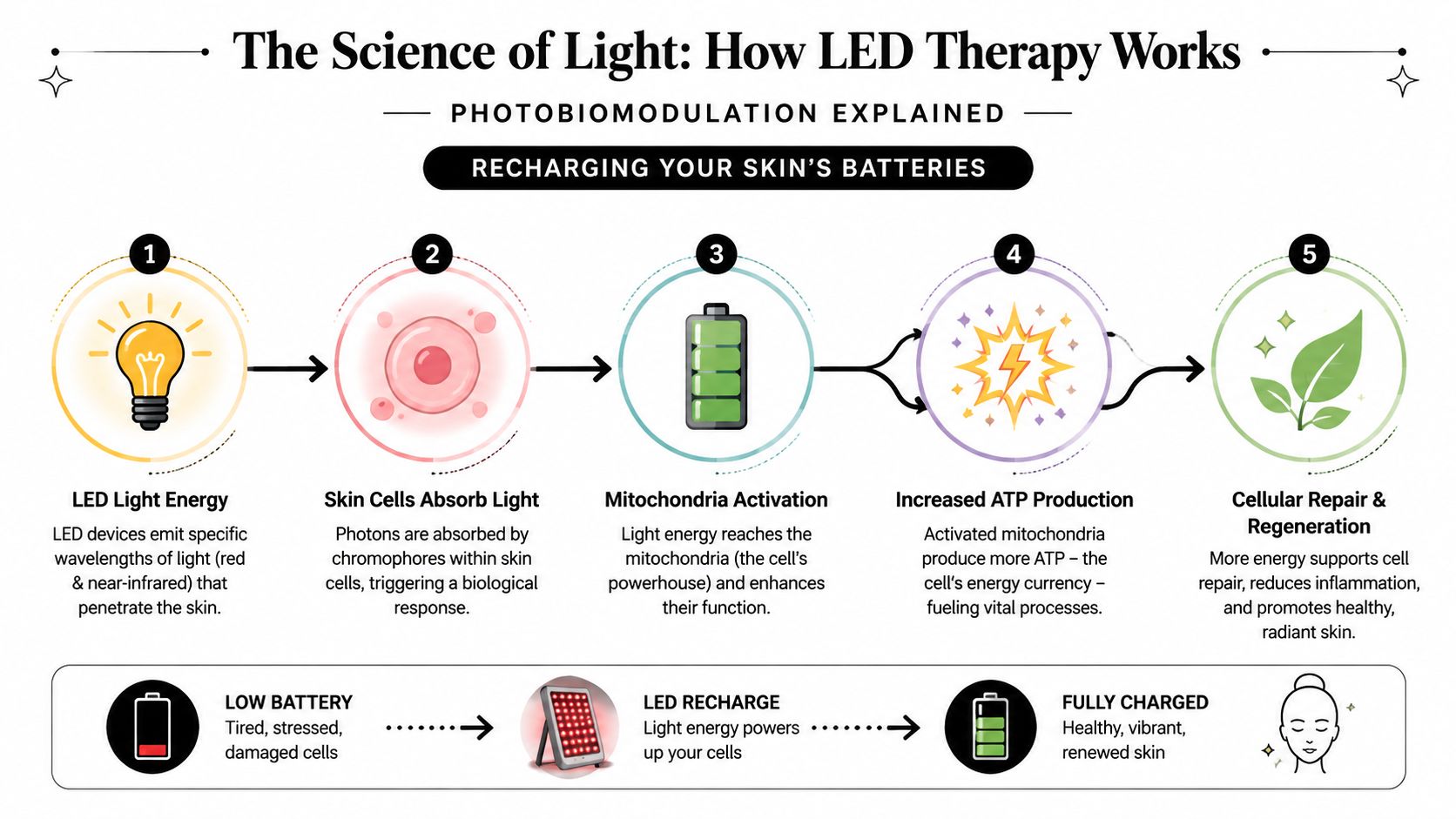 An infographic titled The Science of Light explaining the five-step process of how LED light therapy promotes cellular regeneration.