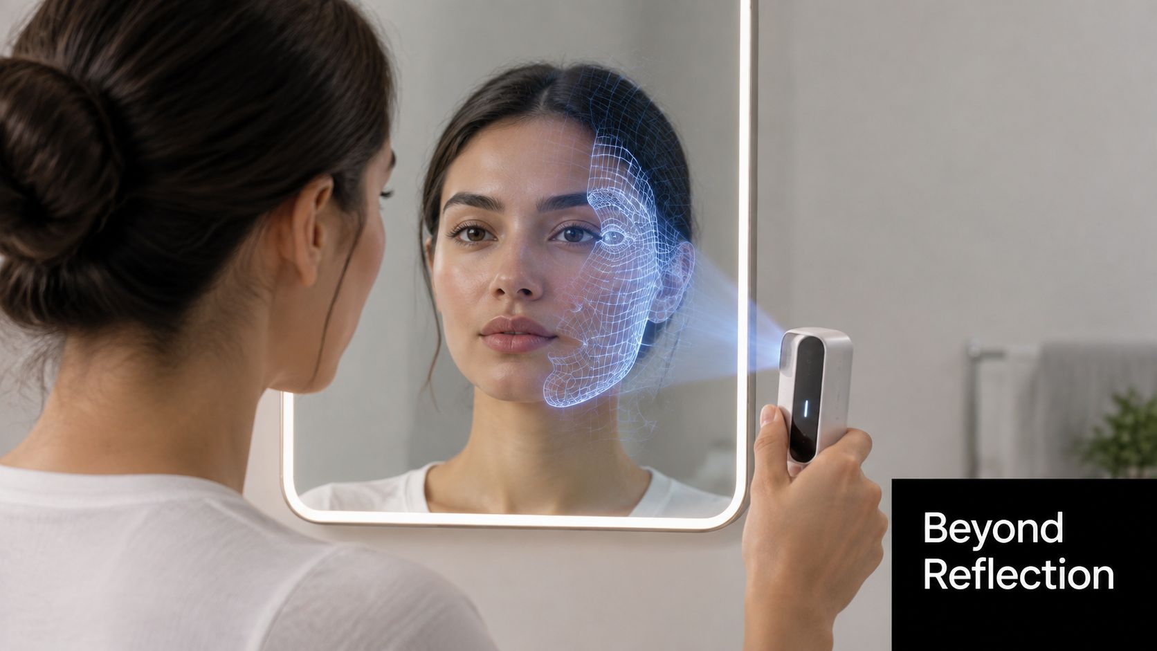 A woman uses a handheld 3D facial scanning device in front of a bathroom mirror.