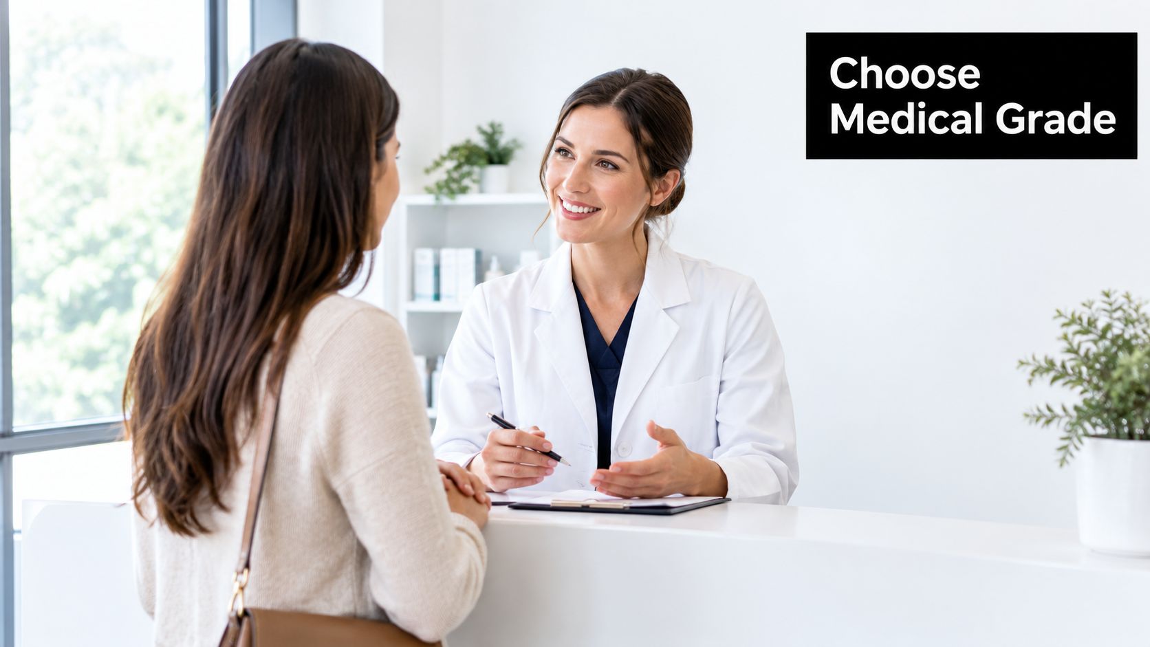 A friendly female doctor smiling and consulting with a patient at a medical reception desk.
