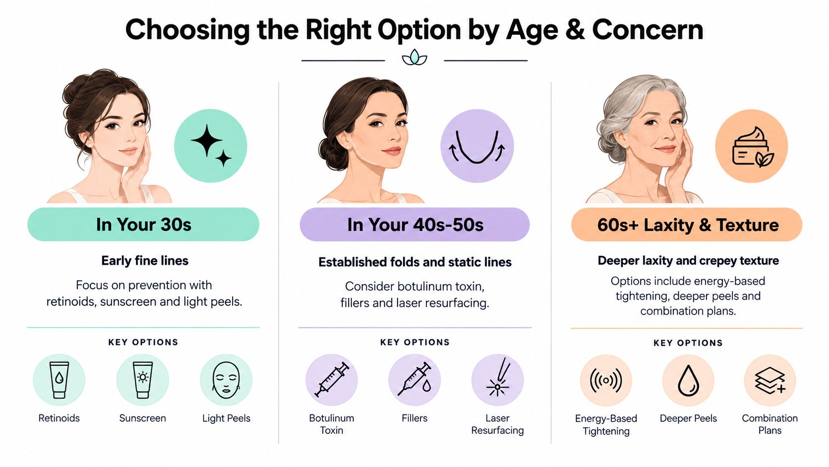 An infographic showing recommended skincare treatments for different age groups from the 30s to 60s plus.