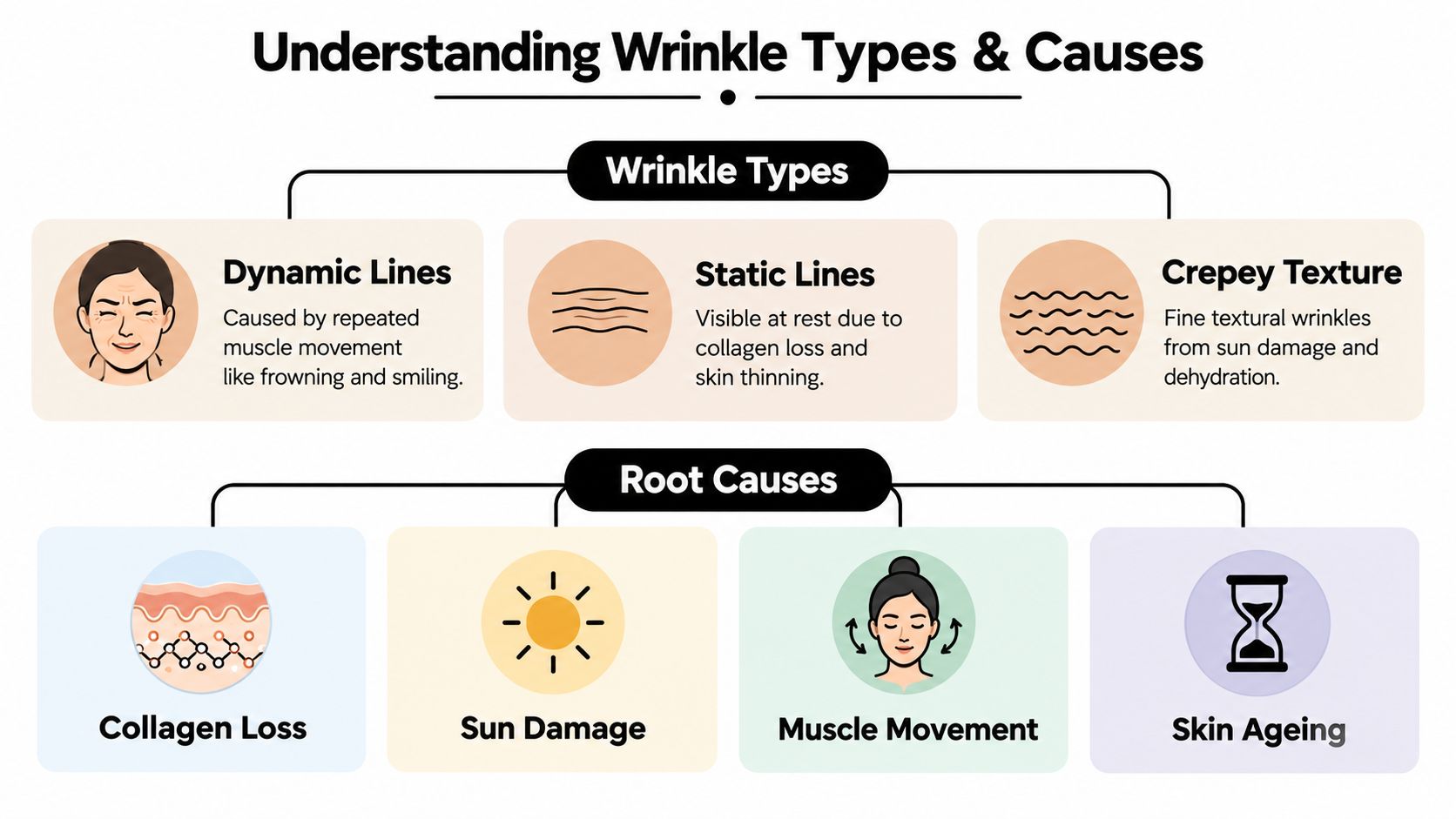 An infographic titled Understanding Wrinkle Types and Causes, illustrating dynamic lines, static lines, and crepey skin texture.