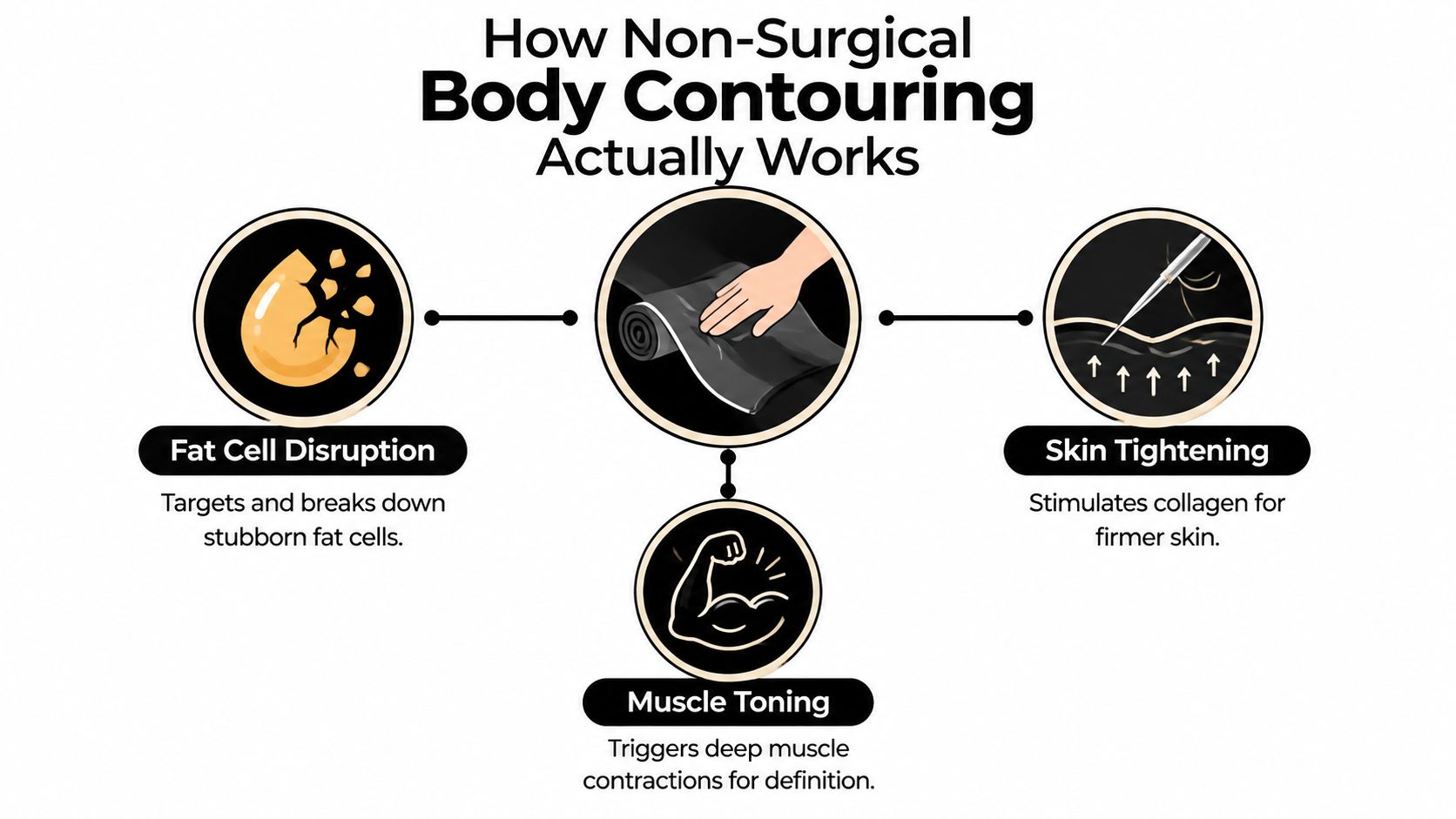 A diagram illustrating how non-surgical body contouring works through fat cell disruption, muscle toning, and skin tightening.