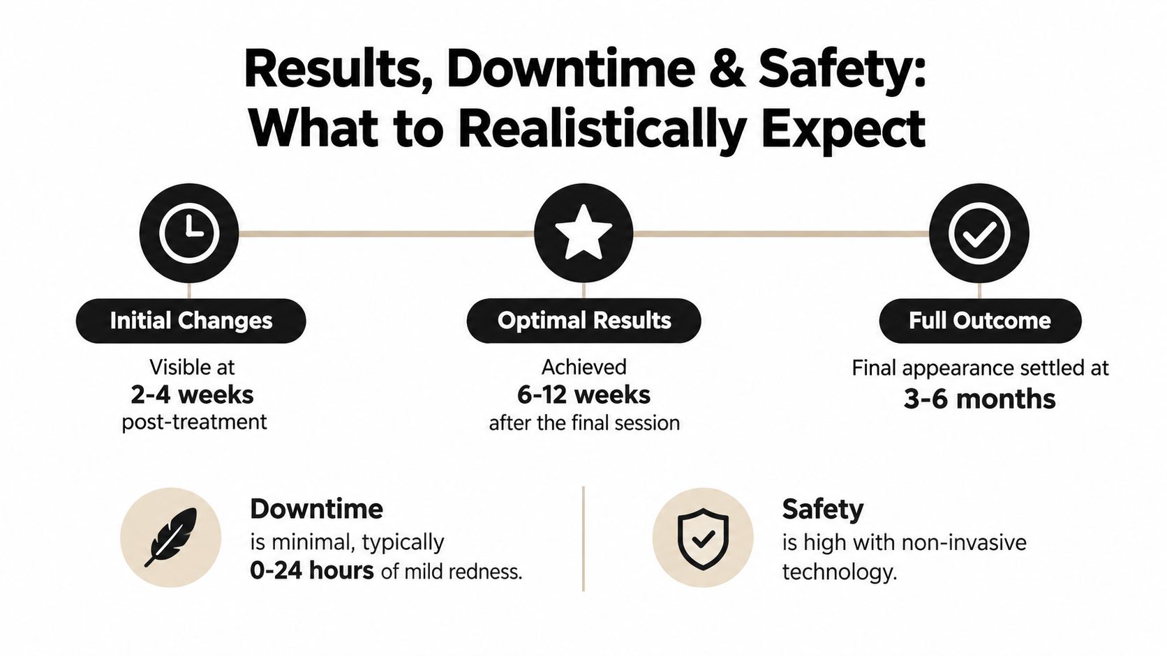 A timeline graphic showing expectations for results, downtime, and safety following a non-invasive cosmetic treatment.
