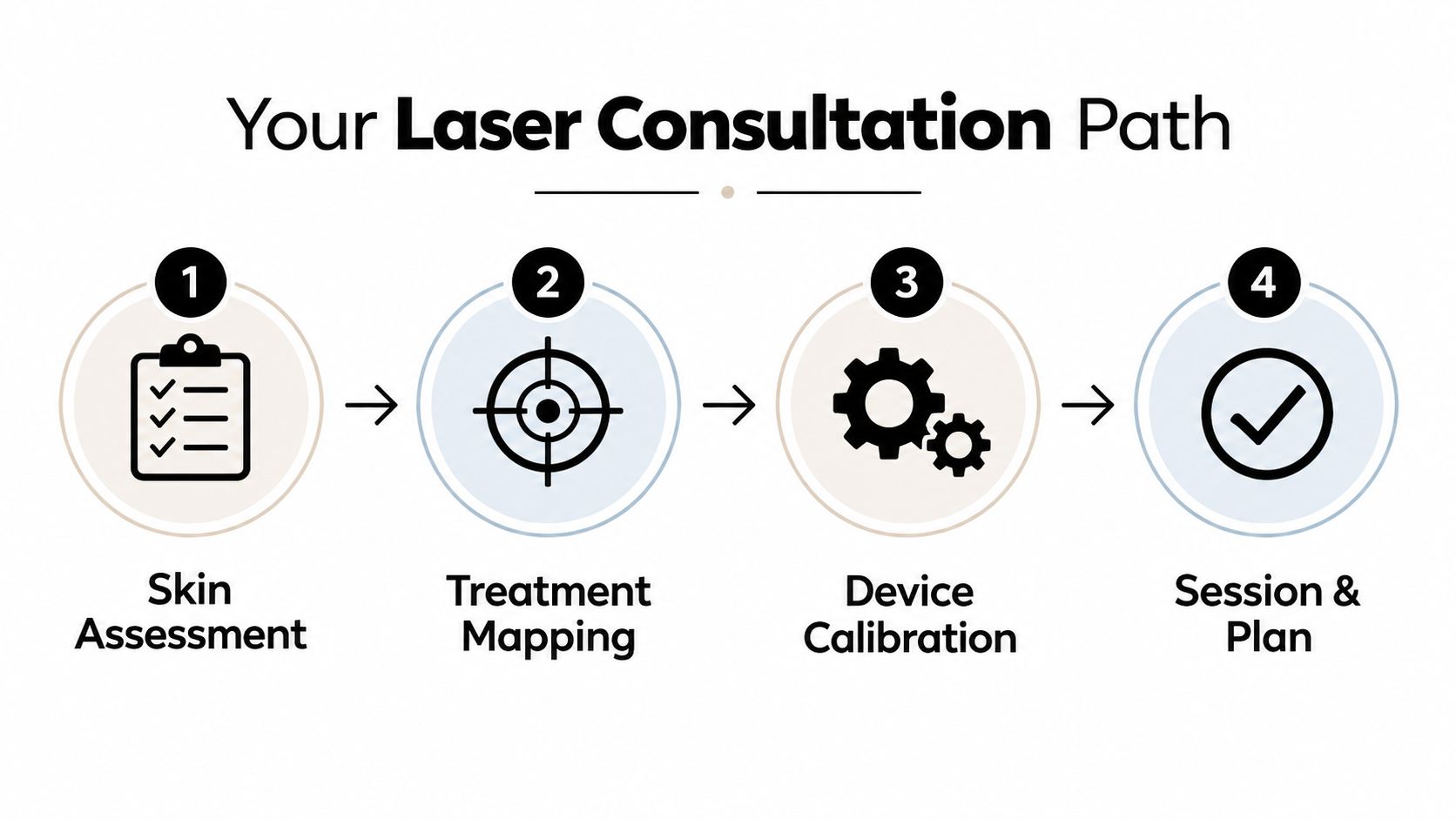 A four-step infographic illustrating the professional laser treatment consultation process from skin assessment to treatment planning.