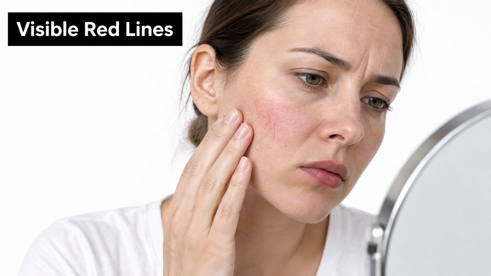 A concerned woman examining broken capillaries and redness on her cheek while looking into a mirror.