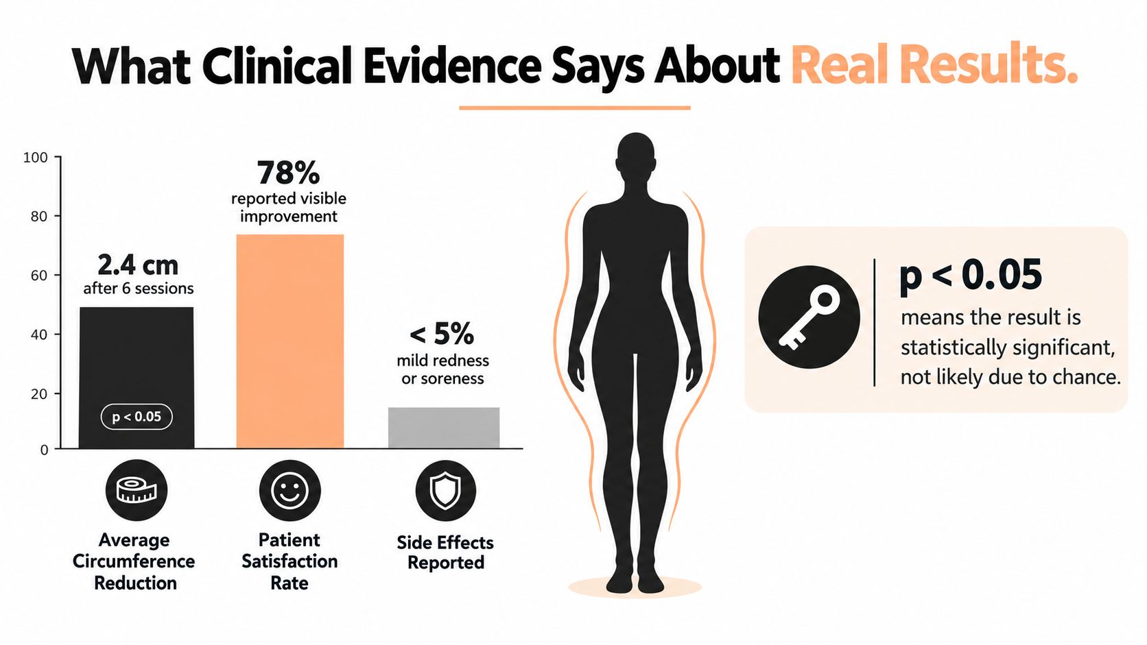 A clinical infographic displaying positive statistical results for a body contouring procedure including circumference reduction and patient satisfaction.