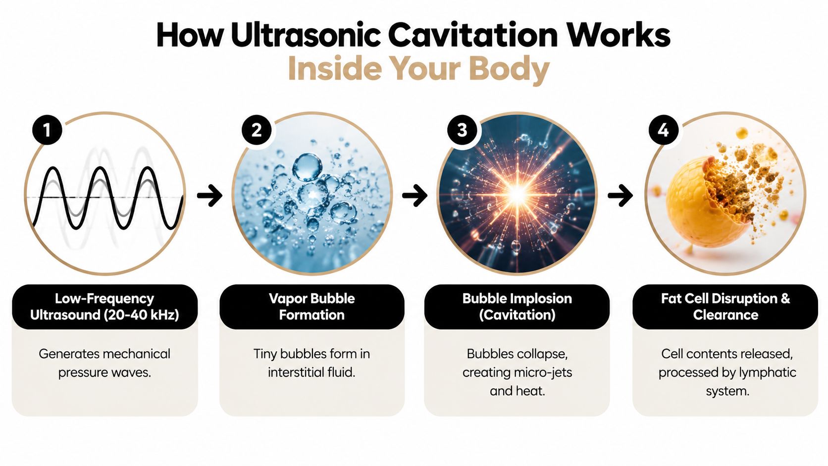 A four-step infographic illustrating how ultrasonic cavitation works to disrupt fat cells inside the human body.