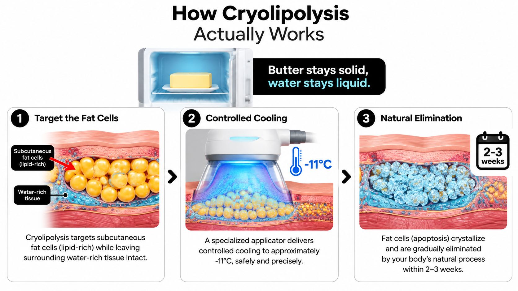 A diagram explaining how cryolipolysis works by freezing and naturally eliminating targeted subcutaneous fat cells.