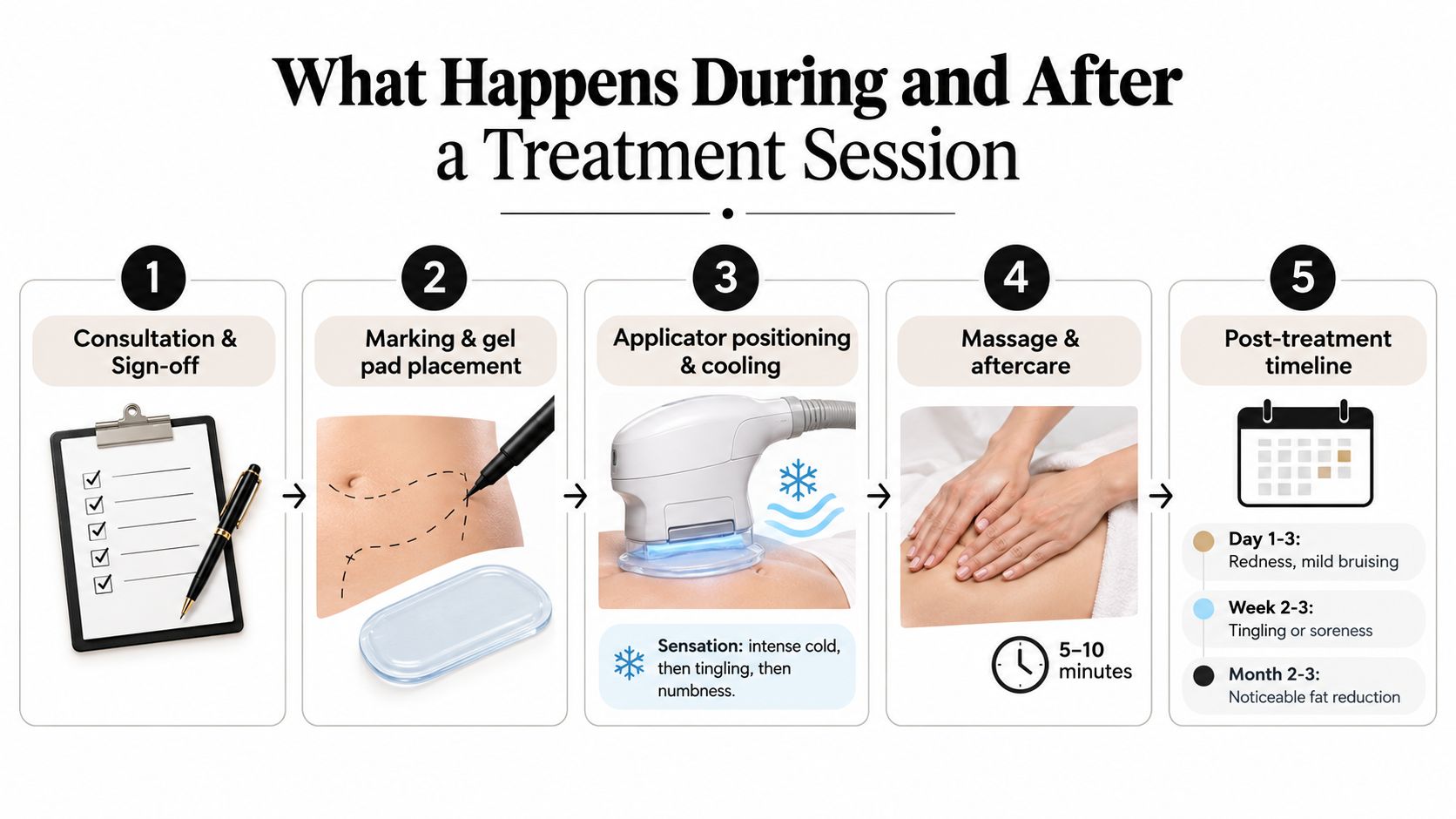 A five-step infographic showing the cryolipolysis fat freezing treatment process from consultation to post-treatment results.