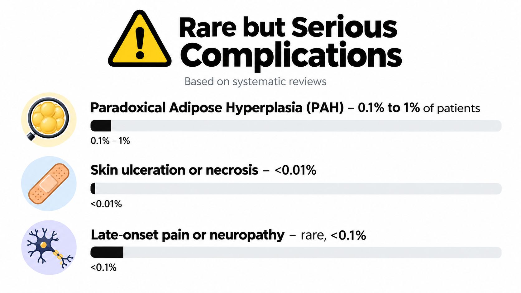 An infographic showing the percentage rates of rare but serious medical complications from a fat freezing procedure.