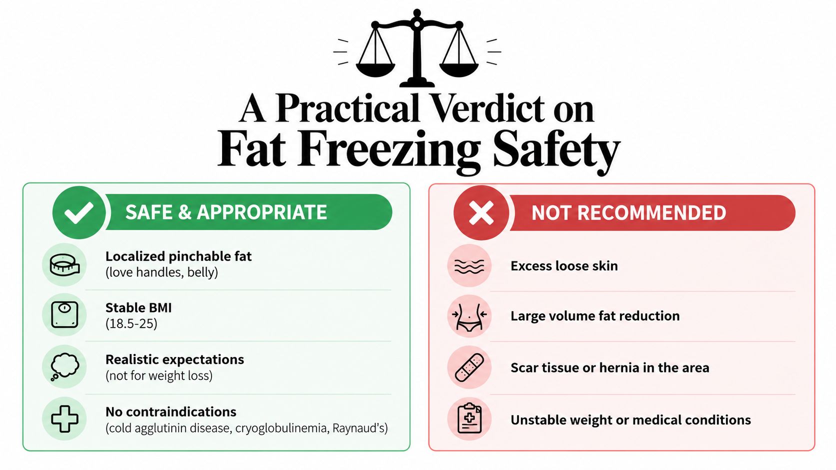 A safety infographic for fat freezing, showing appropriate candidates versus those not recommended for the procedure.