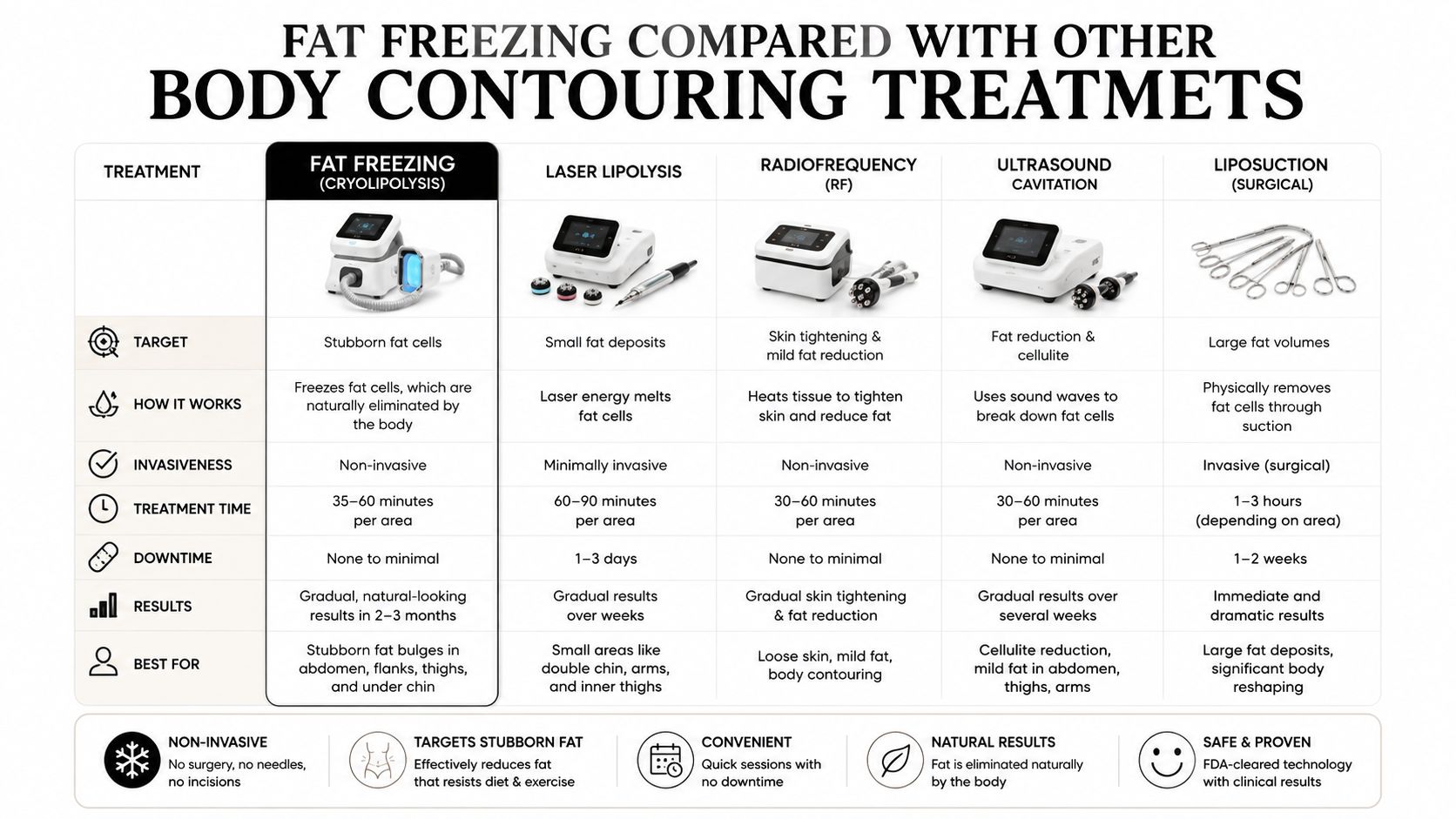 A comparison chart outlining the differences between fat freezing, laser lipolysis, radiofrequency, ultrasound cavitation, and surgical liposuction.