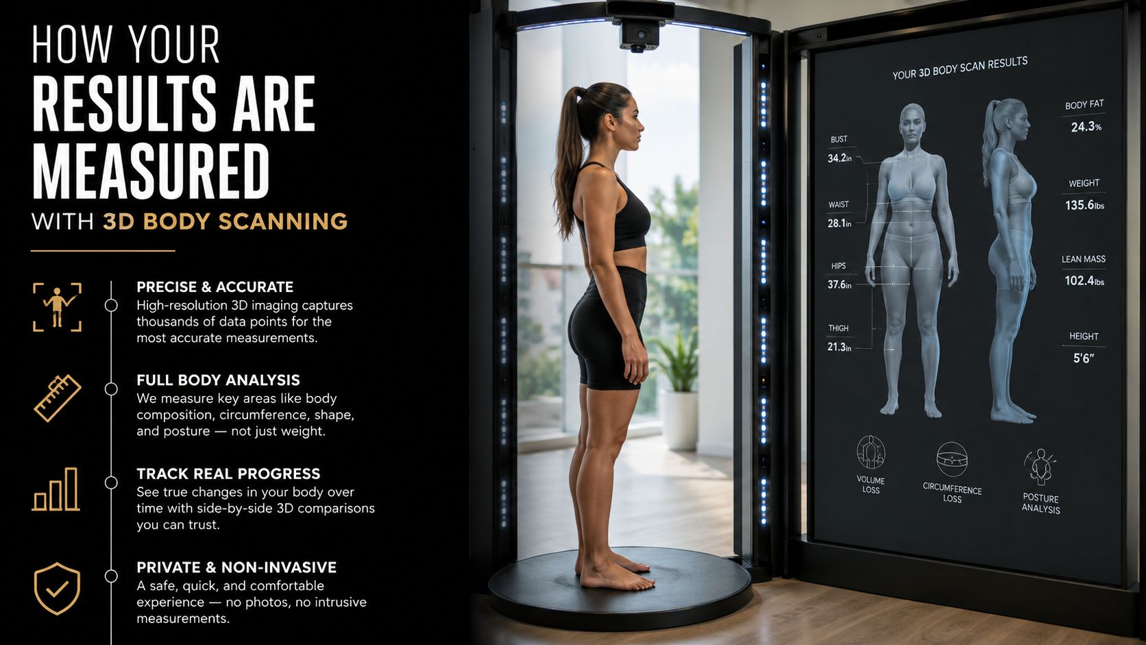 A woman stands in a 3D body scanning machine while her physical measurements and metrics are displayed onscreen.
