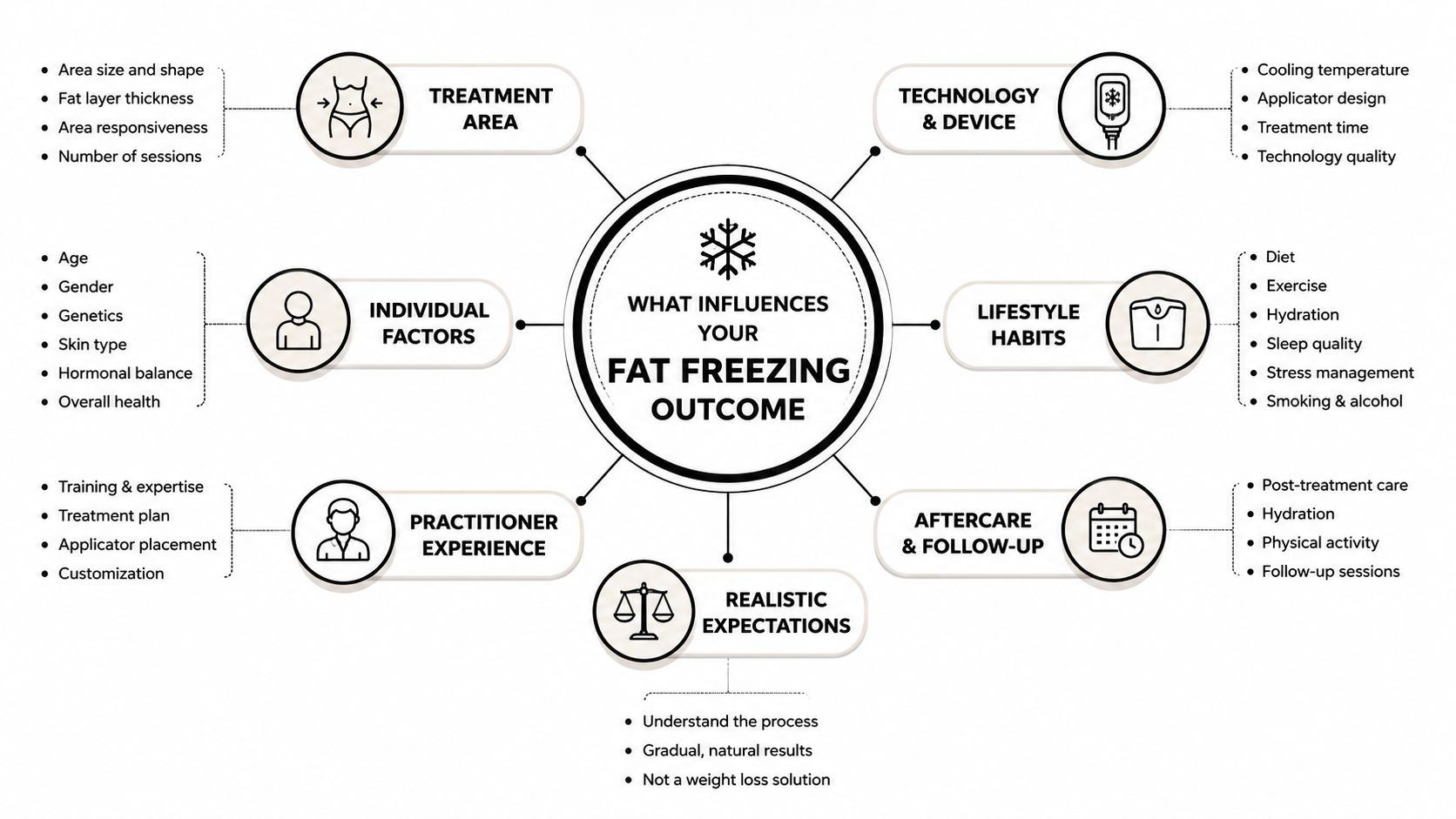 An infographic showing various internal and external factors that influence the final results of fat freezing treatments.