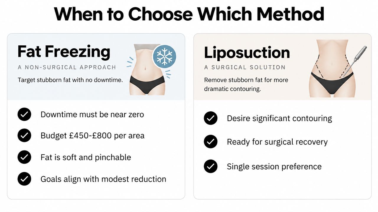 A comparison chart showing when to choose between non-surgical fat freezing and surgical liposuction for body contouring.