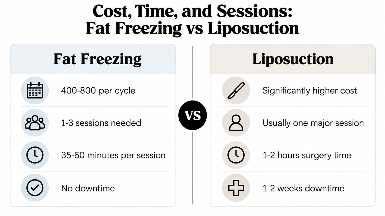 A comparison chart outlining the costs, session requirements, procedure duration, and recovery time for fat freezing versus liposuction.