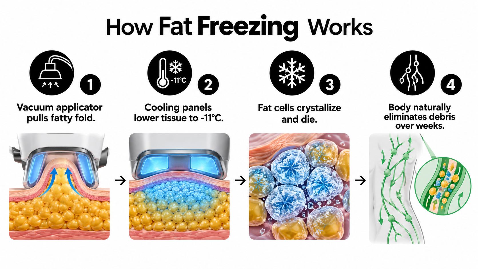 An infographic illustrating the four-step fat freezing process from vacuum suction to natural body debris elimination.