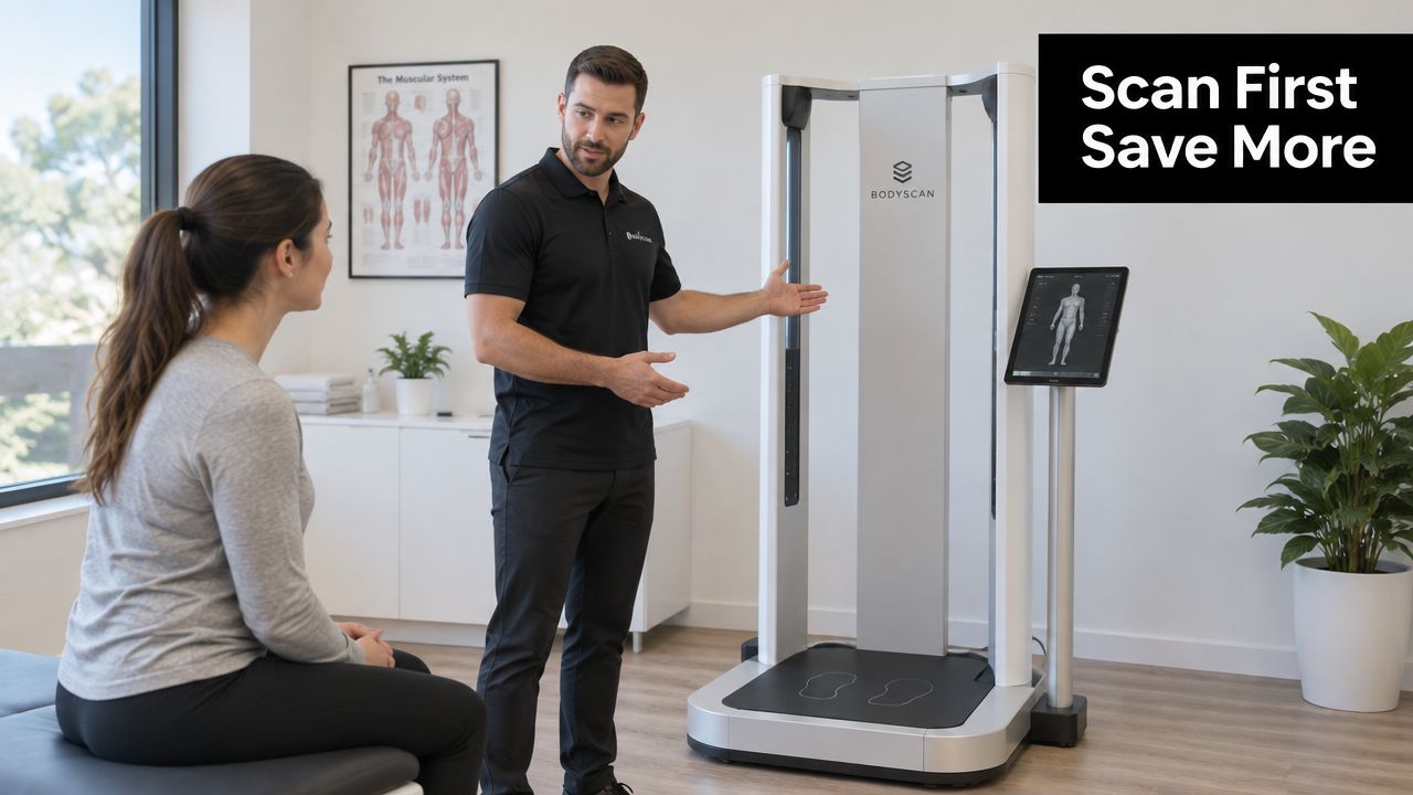 A professional trainer explaining the body contouring scanning process to a female client in a clinical setting.