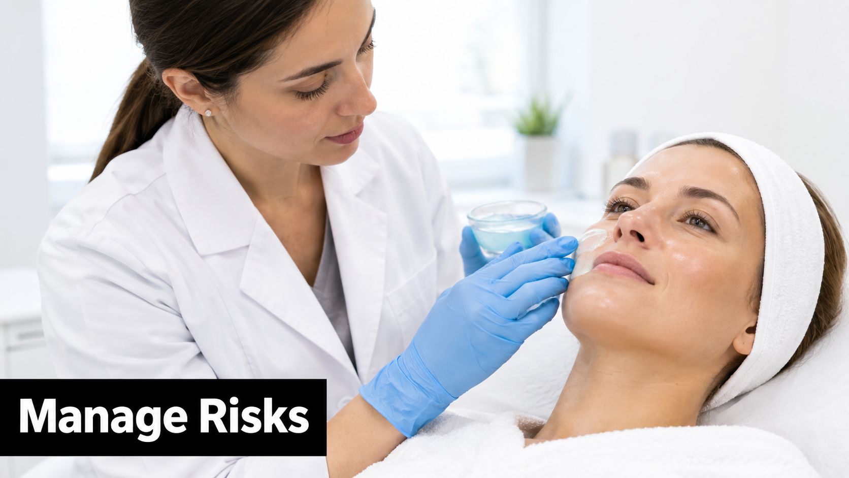 A professional esthetician in a lab coat applying a facial treatment to a client's skin in clinic.