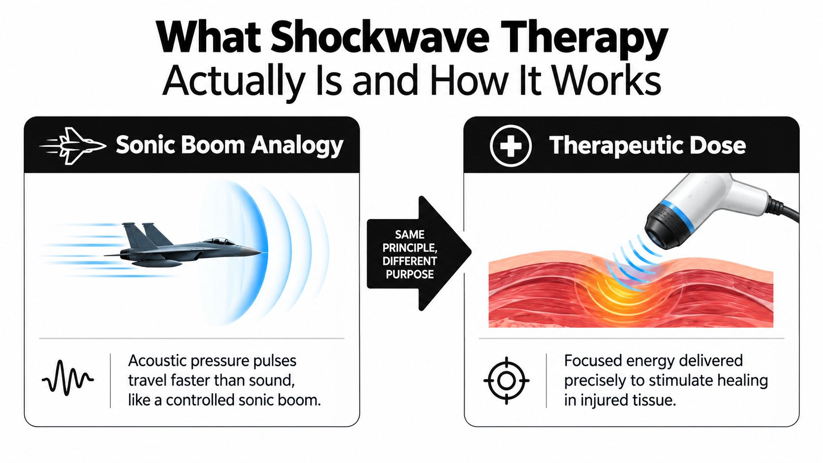 An infographic explaining how shockwave therapy works using a sonic boom analogy to describe acoustic pressure pulses.